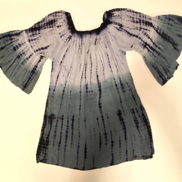 Boho Whimsigoth Shibori Tie-Dye Peasant Rayon Tunic Top L Flowy Bell Sleeve - Picture 10 of 12